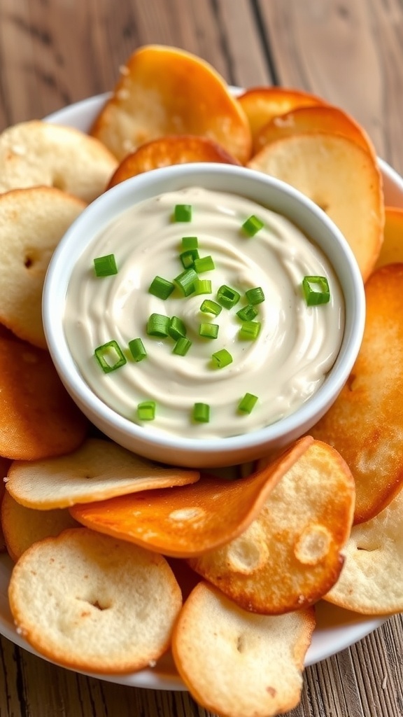 Creamy bagel dip in a bowl with bagel chips on a rustic table.
